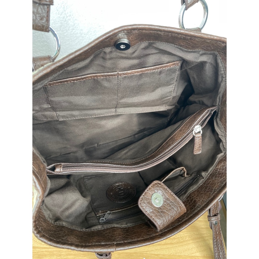 Etienne Aigner Monogram Jacquard Shoulder Bag Brown Tan Faux Leather Trim Tote - Picture 12 of 14